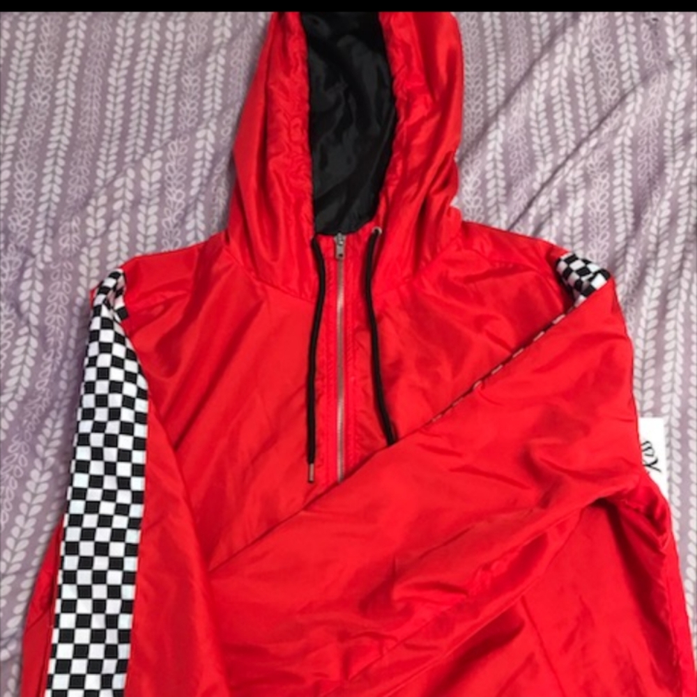 Red checkered windbreaker